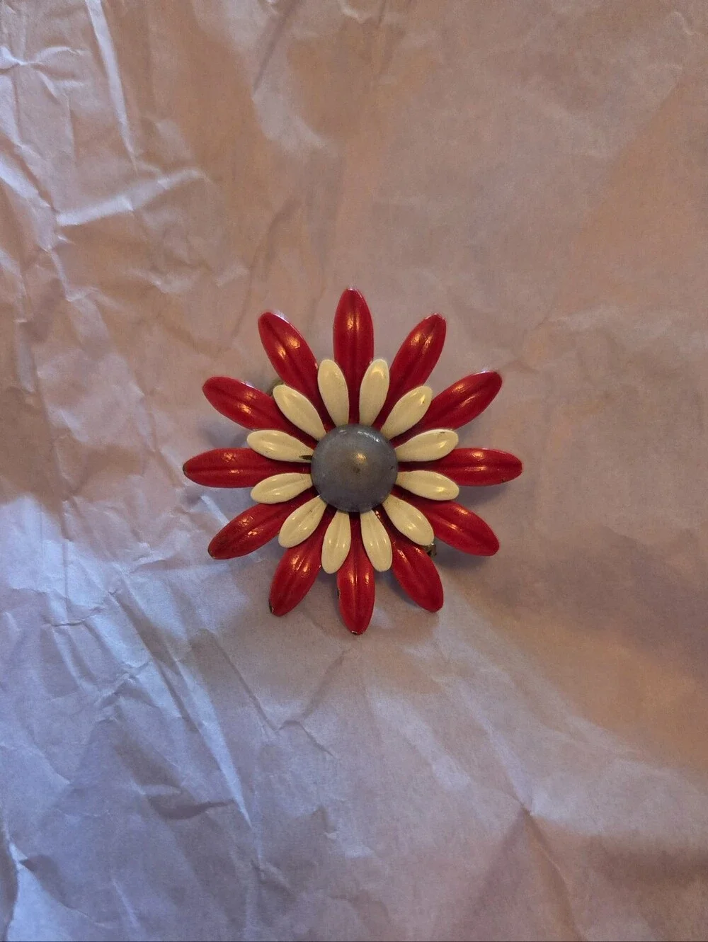 Vintage 1960s Red and Cream Flower Brooch with Gray Center